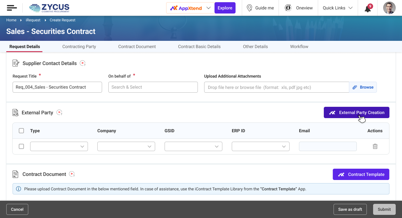 External Party Creation - Zycus Appxtend Appstore