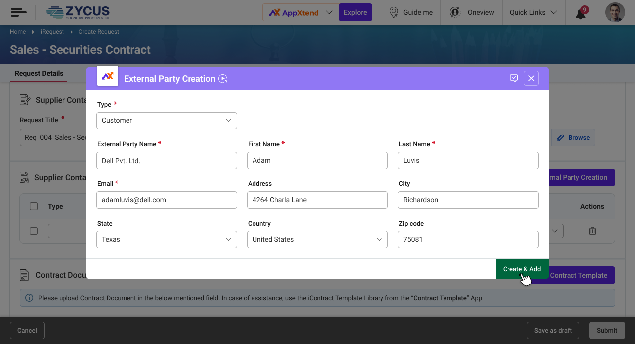 External Party Creation - Zycus Appxtend Appstore