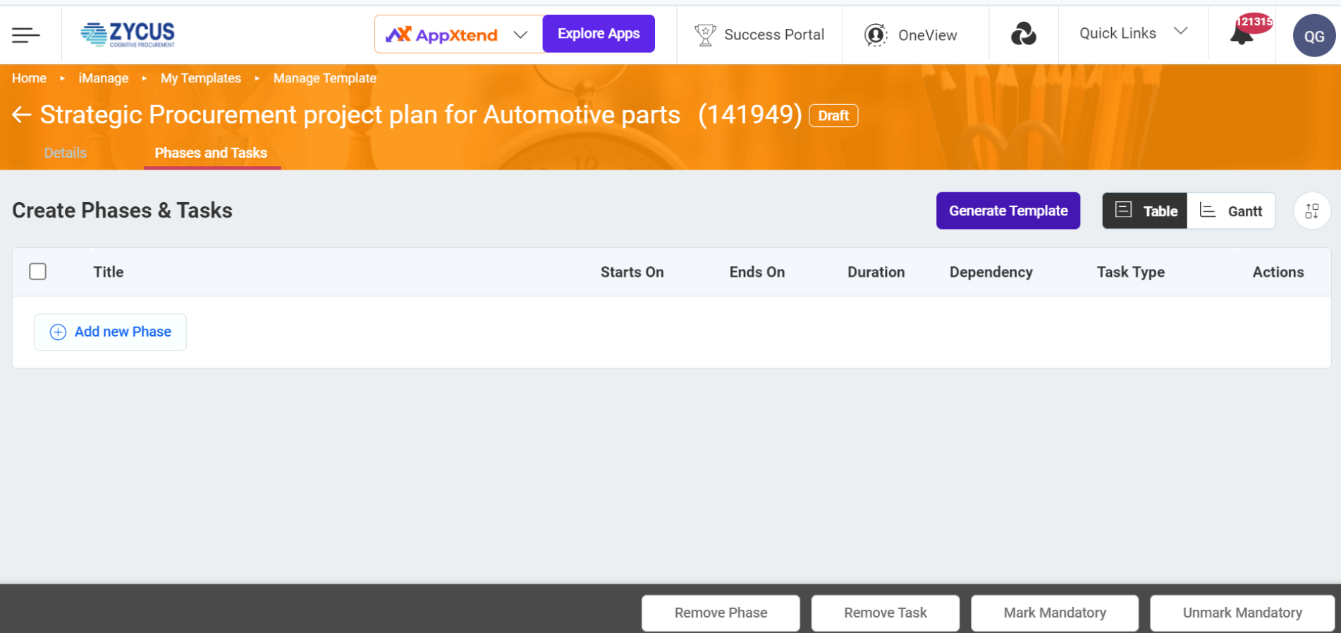 For the new template creation, invoke Generate Template App from Create Phases & Tasks screen