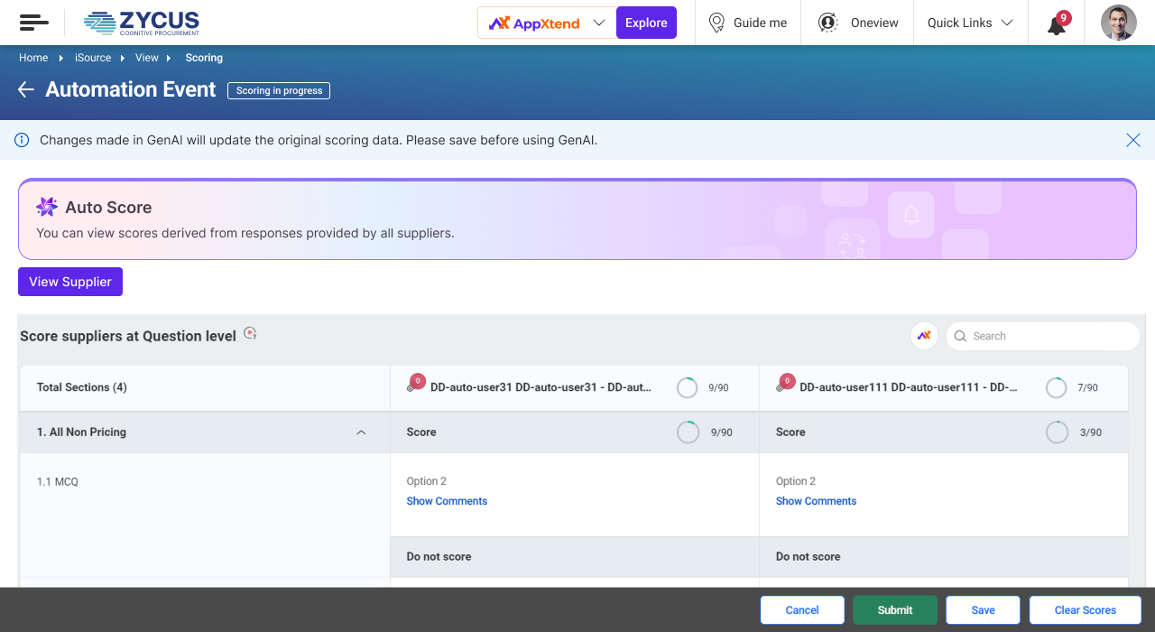 2. Upon clicking view supplier you can see supplier scores